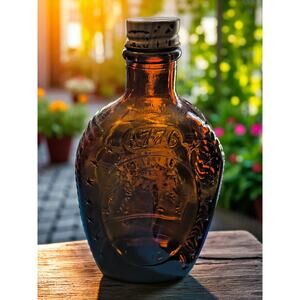 Log Cabin Bicentennial Flask Bottle 'Cornucopia' design, amber glass, vintage